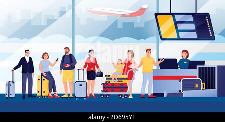 Flight check-in at airport terminal. Vector flat illustration. Traveling passengers with luggage, cartoon characters. People queue to registration des Stock Vector