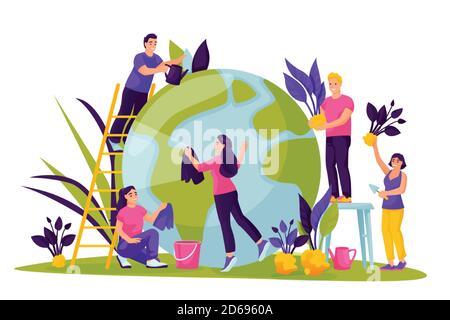 People take care of green Earth planet. Vector flat cartoon illustration for Save the Earth Day. Environment, ecology, nature protection abstract conc Stock Vector