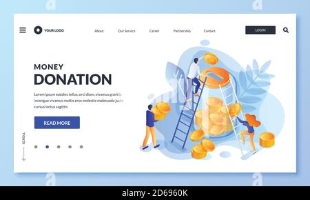 Money donation concept. Vector 3d isometric illustration. People putting money to glass bank. Economy, deposit for retirement, charity or crowdfunding Stock Vector