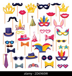 Party photo booth set, isolated on white background. Vector flat cartoon icons. Collection of costumes, birthday or wedding decoration props. Funny ce Stock Vector