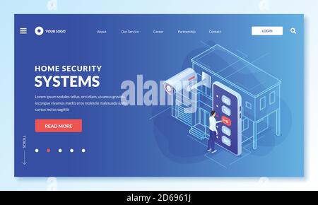 Smart home, remote house surveillance and security system app concept. Vector 3d isometric illustration. Man controls CCTV camera of house through sma Stock Vector