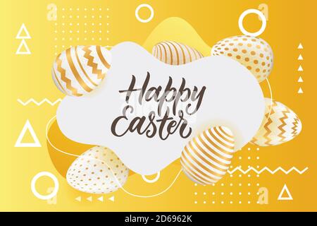 Happy Easter abstract yellow poster or banner with white frame and calligraphy lettering. Vector 3d realistic illustration of Easter eggs on geometric Stock Vector