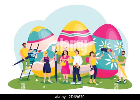 Celebrating Easter. Vector flat cartoon illustration of happy people painting Easter eggs. Traditional spring holidays design elements and characters. Stock Vector