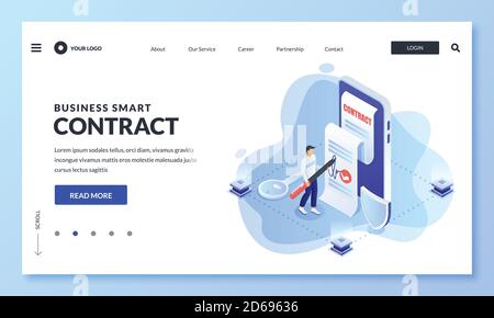 Smart business contract app and blockchain security technology concept. Vector 3d isometric illustration. Man puts digital signature on electronic doc Stock Vector