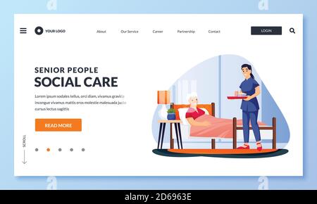 Young nurse or volunteer social worker serving meal to disabled elderly woman. Vector flat cartoon characters illustration. Taking care of seniors peo Stock Vector