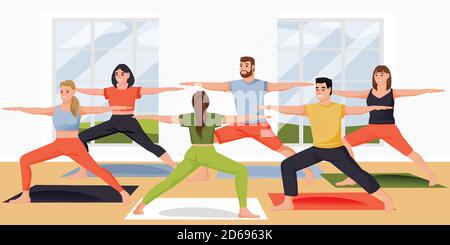 Young women and men practicing yoga exercise and meditation with instructor in modern studio. Vector flat cartoon characters illustration. Concept of Stock Vector