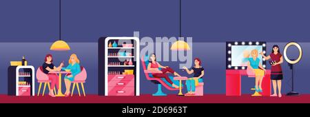 Young beautiful girls do manicure, pedicure and makeup in beauty salon. Vector flat cartoon illustration. Female fashion and beauty lifestyle concept. Stock Vector