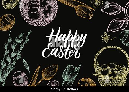 Happy Easter calligraphy lettering. Vintage banner, poster, invitation or greeting card design. Chalk sketch vector illustration. Spring holiday paste Stock Vector