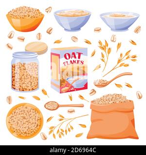 Oats cereal ears, grain in sack. Oatmeal porridge in glass jar and bowl. Vector flat cartoon illustration. Breakfast food design elements, isolated on Stock Vector