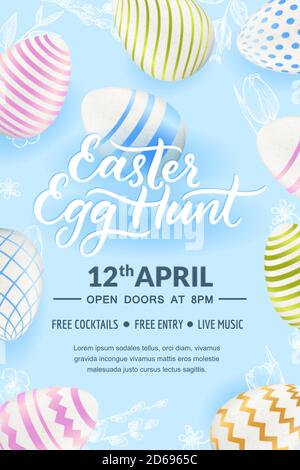 Egg hunt Easter party hand drawn calligraphy lettering, poster, banner template. Holiday flyer layout with place for text. Vector 3d realistic illustr Stock Vector