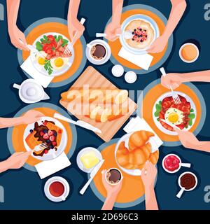 People have breakfast. Top view flat cartoon illustration of brunch meal. Eggs, coffee, waffles, oatmeal porridge, croissant and tea cups on table. Mo Stock Vector