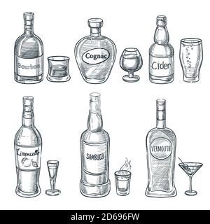 Alcohol drink bottles and glasses. Vector hand drawn sketch isolated illustration. Bar menu design elements. Bourbon, cognac and martini vintage outli Stock Vector