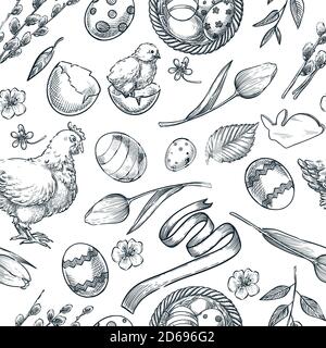 Easter holiday seamless pattern. Spring sketch vector illustration. Linear symbols of tulip flowers, eggs, chicken and willow. Hand drawn background, Stock Vector
