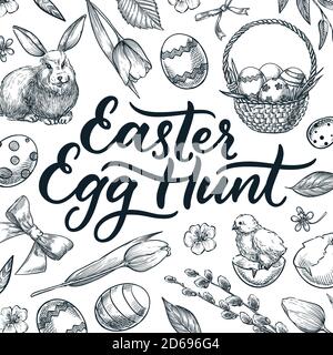 Easter Egg Hunt calligraphy lettering. Doodle sketch vector illustration. Vintage hand drawn holiday design elements for banner, poster, invitation or Stock Vector