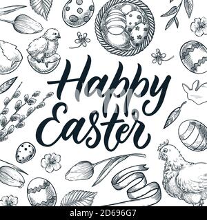 Happy Easter calligraphy lettering. Vintage holiday design elements for banner, poster, invitation or greeting card design. Hand drawn sketch vector i Stock Vector