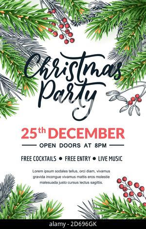 Christmas party calligraphy lettering, banner, poster design template. Holiday flyer frame layout with place for text. Vector illustration of realisti Stock Vector
