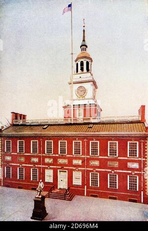 This 1917 illustration shows Independence Hall in Philadelphia. Independence Hall is the building where both the United States Declaration of Independence and the United States Constitution were debated and adopted. It is now the centerpiece of the Independence National Historical Park in Philadelphia, Pennsylvania. Stock Photo