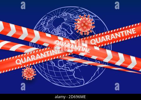 Coronavirus pandemic and global world quarantine concept. Vector illustration of red caution warning tape, virus infection covid-19 on sketch globe ba Stock Vector