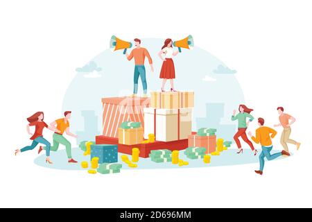 Refer a friends, vector flat cartoon illustration. Man and woman with loudspeakers, standing on gift boxes and call friends. Business marketing, refer Stock Vector