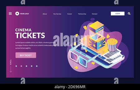 Buying cinema tickets online. Movie tickets office, smartphone, 3d glasses and popcorn on neon glowing gradient background. Vector 3d isometric illust Stock Vector