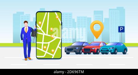 Carsharing business vector flat illustration. Businessman rents automobile in city. Online smartphone application car share or vehicle rental service. Stock Vector