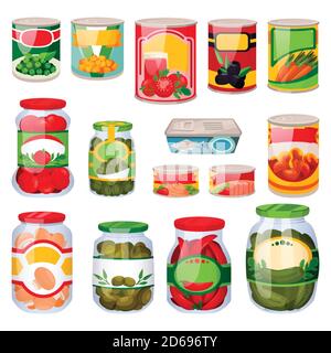 Canned food set isolated on white background. Food in tins, cartoon icons and design elements. Grocery supermarket collection. Vector illustrations. Stock Vector
