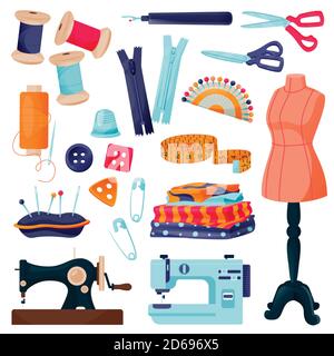 Sewing tools and tailor equipment set, isolated on white background. Craft and handmade sew needlework design elements. Fashion hobby icons. Vector fl Stock Vector