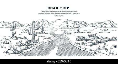 Desert and mountains road landscape. Vector vintage sketch illustration. Nature environment calm scene. Outdoor adventures and travel hand drawn backg Stock Vector