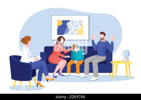 Young family with teenage boy in office of family therapist or psychologist. Vector flat cartoon illustration. Psychotherapy, psychological counseling Stock Vector
