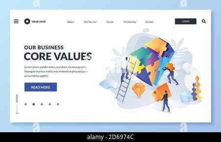 Business core value and company corporate mission concept. Vector 3d isometric illustration. People team assemble diamond shape puzzle. Web landing pa Stock Vector