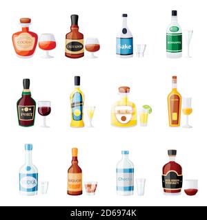 Alcohol drink bottles and glasses. Vector flat cartoon isolated illustration. Bar menu design elements. Liquor, bourbon, wine, tequila, port icons set Stock Vector