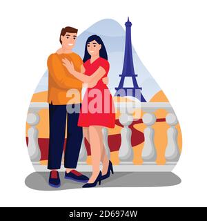 Young happy couple has romantic honeymoon trip to Paris. Vector flat cartoon illustration of engagement or Valentines day date. Woman and man in love, Stock Vector