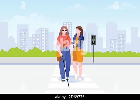 Young woman helps blind woman with stick cross the road. Taking care of disability handicapped people. Vector flat cartoon illustration. Social suppor Stock Vector