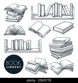 Paper book sketch vector illustration. Isolated hand drawn learning and education icons set. Open and closed books collection on bookshelf. Library or Stock Vector