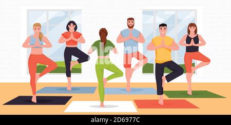 Yoga class vector flat cartoon illustration. Young women and men practicing yoga exercise and meditation with instructor in modern studio. Concept of Stock Vector