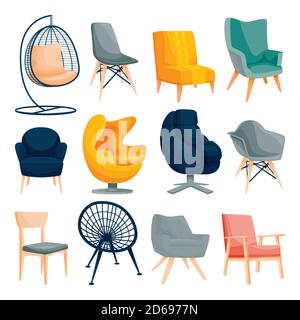 Modern armchair set, isolated on white background. Apartment Interior furniture design elements. Home and office chair icons. Vector flat cartoon illu Stock Vector