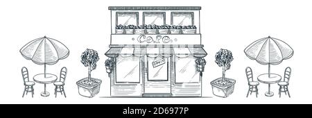 Street cafe, shop or bakery building. Vector sketch illustration of italian restaurant, table with umbrella and chairs. Paris cafeteria hand drawn des Stock Vector