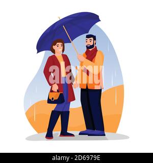Young happy couple has romantic date in park. Vector flat cartoon illustration of engagement or Valentines day. Woman and man under umbrella Stock Vector