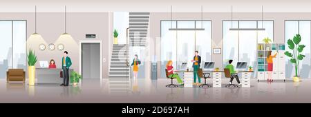 Modern business center interior background. People at work in office. Vector flat illustration of creative workspace. Stock Vector