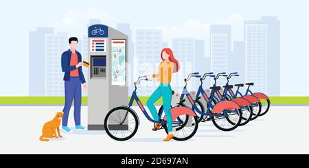 Public city bicycle sharing business, vector flat illustration. Man and woman pay for bike rent. Modern automated bike rental service system concept. Stock Vector