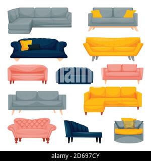Modern sofa and couch set, isolated on white background. Apartment interior furniture design elements. Home and office divan icons. Vector flat cartoo Stock Vector