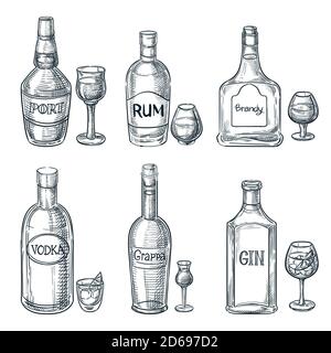 Alcohol drink bottles and glasses. Vector hand drawn sketch isolated illustration. Bar menu design elements. Port, rum and gin vintage outline icons s Stock Vector