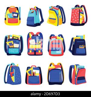 School backpacks colorful icons, isolated on white background. Vector flat cartoon illustration of multicolor kids rucksacks. Education equipment or t Stock Vector
