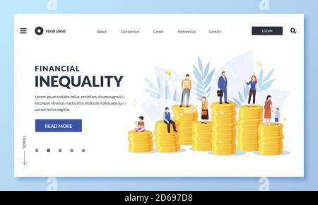 Financial inequality, difference in salary income business concept. Miniature men and women on unequal money stacks, rich and poor people metaphor. Ve Stock Vector