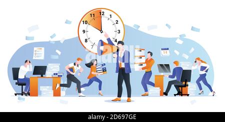 Project deadline and overtime working business concept. Vector flat cartoon characters illustration. CEO manager pressures office employees. Unorganiz Stock Vector