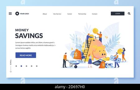 Money economy and save or retirement savings concept. Vector illustration. Youg people putting money to piggybank. Charity donation or business crowdf Stock Vector