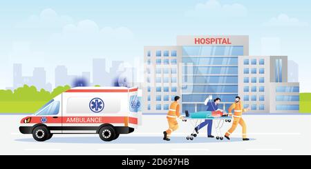 Paramedic and hospital nurce carrying patient in stretcher from ambulance car. Vector flat illustration of professional medical characters team. Emerg Stock Vector