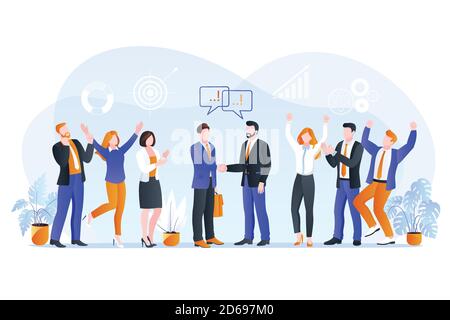 Partnership, team agreement cooperation or business contract concept. Vector flat cartoon illustration. CEO and project manager make deal and shake ha Stock Vector
