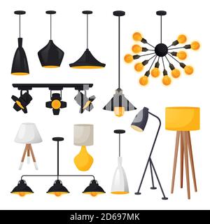Modern electric lamps set, isolated on white background. Light bulbs equipment for loft apartment interior. Vector illustration. Home and office desig Stock Vector
