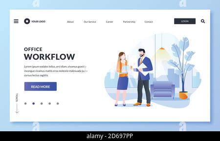 Teamwork, business communications and office workflow concept. Vector flat illustration of businesspeople characters. Colleagues man and woman look an Stock Vector